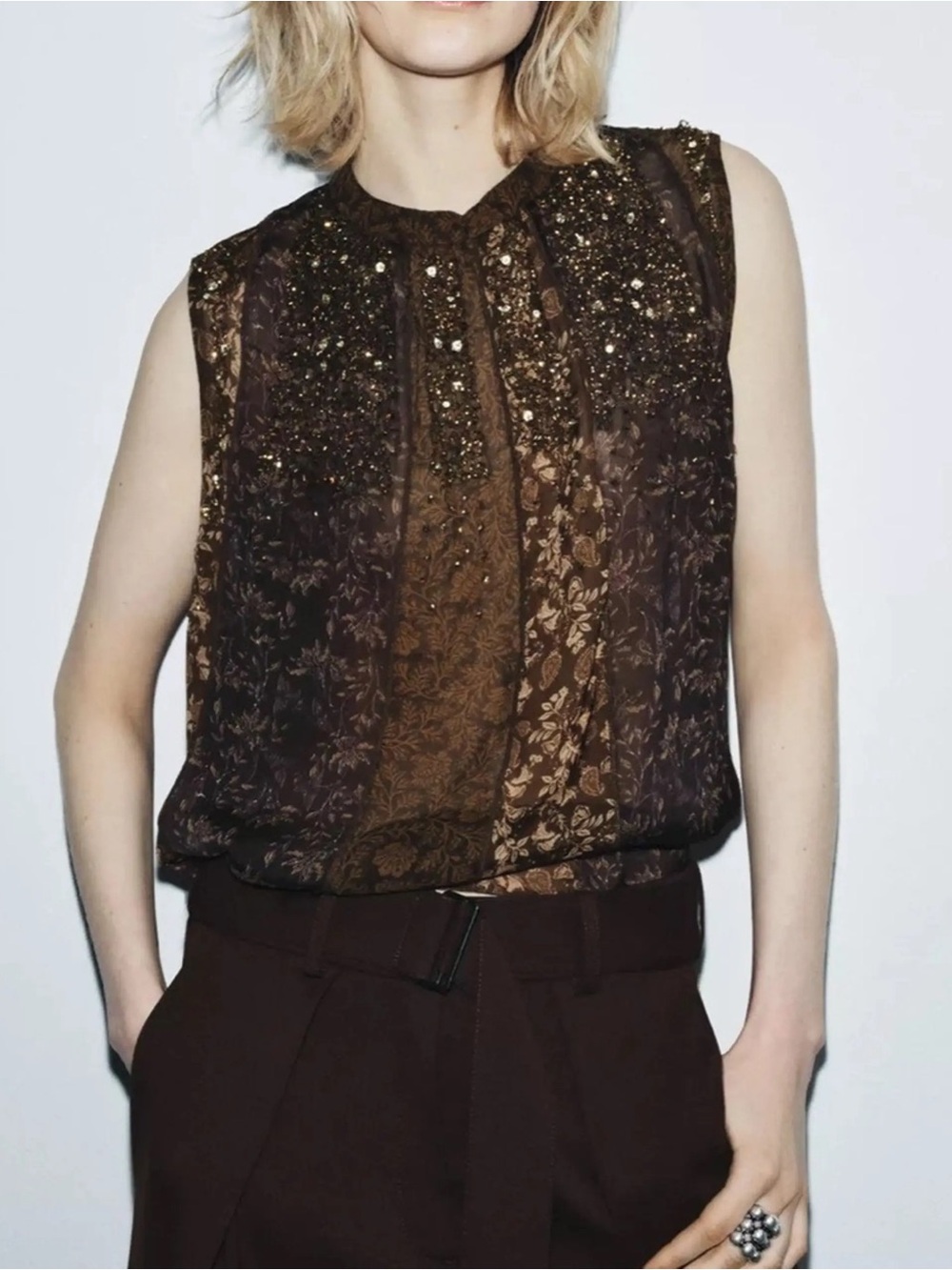 $90 ZARA EMBELLISHED SLEEVELESS PRINTED SHEER BLOUSE